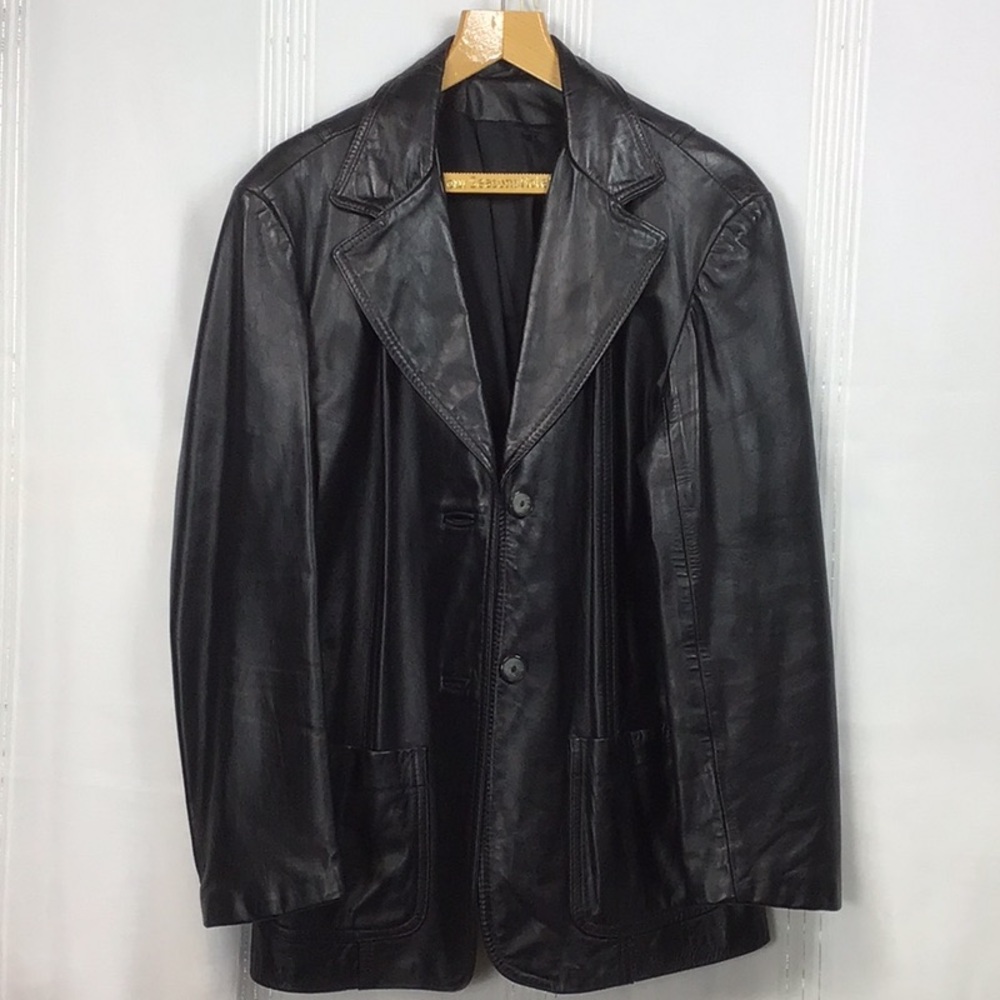 Vintage General Leather New York Black Button Front Set Pockets Jacket Sz.L